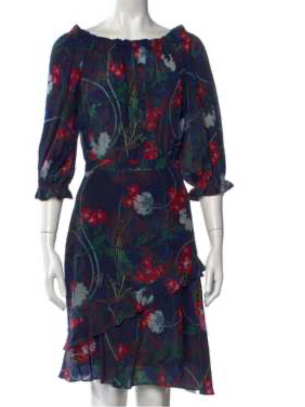 SALONI silk Navy Floral Midi Dress can be worn off the shoulder size 4